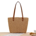 Sac fourre-tout minimaliste en paille tressée avec anses en cuir marron et texture naturelle - Camel