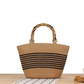 Braune geflochtene Papiertasche mit schwarzen Streifen und Bambus-Tragegriffen - Kamelfarben (Bambusgriff)