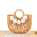 Handwoven straw tote with white pom-poms and Bride embroidery for beach vacations - Original Color