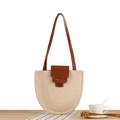 Französische Retro-Halbrund-Webtasche mit braunen Lederakzenten und elfenbeinfarbener Textur - Beige