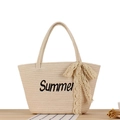 Beige Strandtasche aus Stroh mit Summer-Stickerei und weißer Spitzenschleife - Beige mit Spitzenschleife