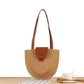 Französische Retro-Strohtasche in Beige mit dunkelbraunen Lederdetails in U-Form - Camel
