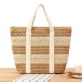Borsa tote in paglia intrecciata bicolore a righe kaki e beige per vacanze estive - Cammello