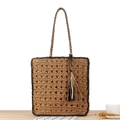 Sac fourre-tout en paille tissé main beige avec bordure noire et pompon pour l'été - Marron