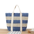 Grande borsa tote in paglia di carta con strisce blu e beige e robusti manici in tela - Blu