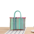 Colorful striped plastic woven picnic basket with durable round handles in macaron colors - Tiffany Green (Small)