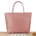 Chic macaron pink woven plastic tote bag with double handles for picnic or daily use - Bean Paste Pink (Large)