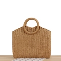 Handmade woven straw tote bag with round handles in natural light brown summer style - Camel