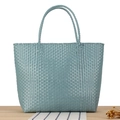 Light tiffany blue woven plastic tote bag with sturdy handles for picnic or beach use - Blue (Large)