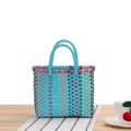 Blue handwoven plastic picnic basket with pastel pink and beige striped accents - Lake Blue (Small)