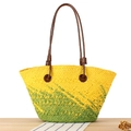 Borsa tote in corda di carta intrecciata gialla e verde con manici in pelle - Verde-giallo