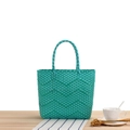 Grand sac cabas tressé main vert sarcelle avec motif en V et anses robustes - Bleu-vert Petit
