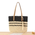 French style striped paper rope woven tote bag with brown leather handles and fringe - Striped Black