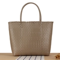 Large khaki macaron woven tote bag with round handle for picnic and leisure use - Brown