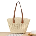 Große geflochtene Tragetasche in Creme mit braunen Ledergriffen für den Strandurlaub - Beige