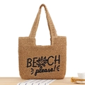 Strohtasche in Naturbraun mit 'BEACH please!'-Stickerei und Seestern-Detail - Camel
