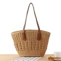 Französische gewebte Stroh-Stofftasche mit braunen Ledergriffen für Sommerurlaub und Strand - Camel
