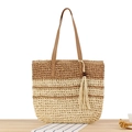 Brown striped woven straw tote bag with a tassel charm and faux leather straps - Stripe Brown