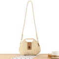 Borsa da spiaggia intrecciata beige con patta in pelle marrone e chiusura dorata - Beige