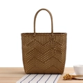 Handwoven bronze tote bag with wavy texture and durable circular top handles - Golden Brown Large