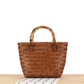 Retro dark brown woven handbag with burnt bamboo handle on blue striped linen - Camel (Small Bamboo Handle)