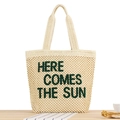 Sac fourre-tout en paille tissée beige avec broderie verte Here Comes The Sun et anses - Avec plaque de base / Beige