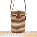 Fashionable cylinder paper rope woven crossbody bag with brown leather strap and gold lock - Dark Brown Stripe