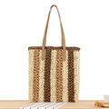 Bolso tote de cuerda de papel con rayas marrones y beige y correas de piel sintética - Marrón Oscuro