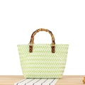 Handwoven summer beach bag with green chevron pattern and retro bamboo handles - Light Green (Small Bamboo Handle)