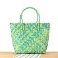 Blue and green woven beach tote bag with durable handles and spacious interior - Green (Large Plastic Handle)
