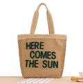 Sac fourre-tout en paille naturelle avec broderie verte Here Comes The Sun - Avec plaque de base / Camel