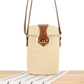 Beige paper rope woven cylinder bucket bag with brown leather flap and golden hardware - Beige
