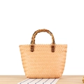 Handwoven straw tote bag with vintage bamboo handles and sawtooth edge detail - Orange (Small Bamboo Handle)