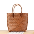 Brown woven plastic tote bag with vintage texture and sturdy top handles in large size - Camel (Large Plastic Handle)