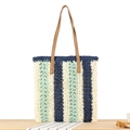 Bolso tote grande de cuerda de papel con rayas en crema, verde y azul marino - Azul