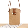 Modern woven cylinder paper rope crossbody bag with premium brown leather flap and gold lock - Camel
