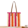 Pink orange and beige striped woven paper rope tote bag with brown leather handles - Rose Red