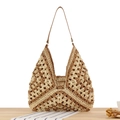 Large woven paper rope tote bag with vintage geometric hollow patterns in brown - Tan