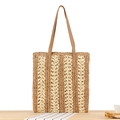 Striped beige and cream woven paper straw tote bag with brown leather handles - Camel