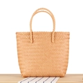 Handcrafted woven plastic tote bag in light brown straw color with top handles - Orange (Large Plastic Handle)