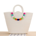 Sac fourre-tout blanc en coton tissé avec pompons colorés pour un look d'été décontracté - Blanc