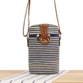 Blue and white striped paper rope woven cylinder crossbody bag with brown leather lid - Dark Blue Striped