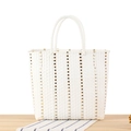 Borsa tote intrecciata bianca con accenti dorati e manici rotondi per la spiaggia - Bianco