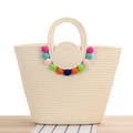 Sac à main tissé beige avec pompons colorés pour la plage et les vacances d'été - Beige