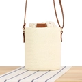Chic cream paper straw woven bucket bag with white wooden beads and leather strap - White