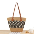Handwoven striped straw tote bag in wood and black geometric pattern with brown handles - Black Pattern
