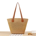 Beige striped woven tote bag with brown leather straps for beach vacation - Gold Stripes (Brown)