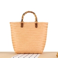 Large woven tote bag with vintage bamboo handles and textured straw pattern - Orange (Large Bamboo Handle)