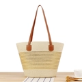 Große beige Stroh-Tragetasche mit Goldstreifen und langen braunen Ledergriffen - Goldene Streifen (Beige)