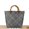 Retro woven tote bag with bamboo handle in charcoal grey and black finish - Grey (Large Bamboo Style Handle)